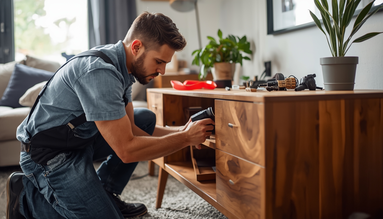Technician performing on-site furniture repair in customer home